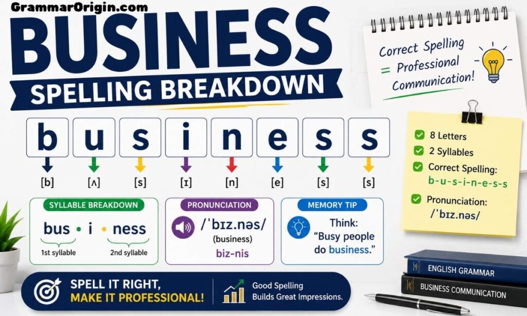 Business spelling breakdown with letter-by-letter guide, syllable breakdown, pronunciation, and easy memory tip for correct English spelling