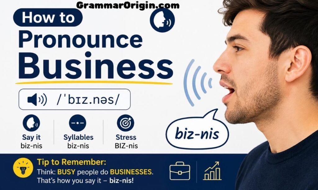 How to pronounce business correctly in English with phonetic spelling, syllable breakdown, stress pattern, and pronunciation tips