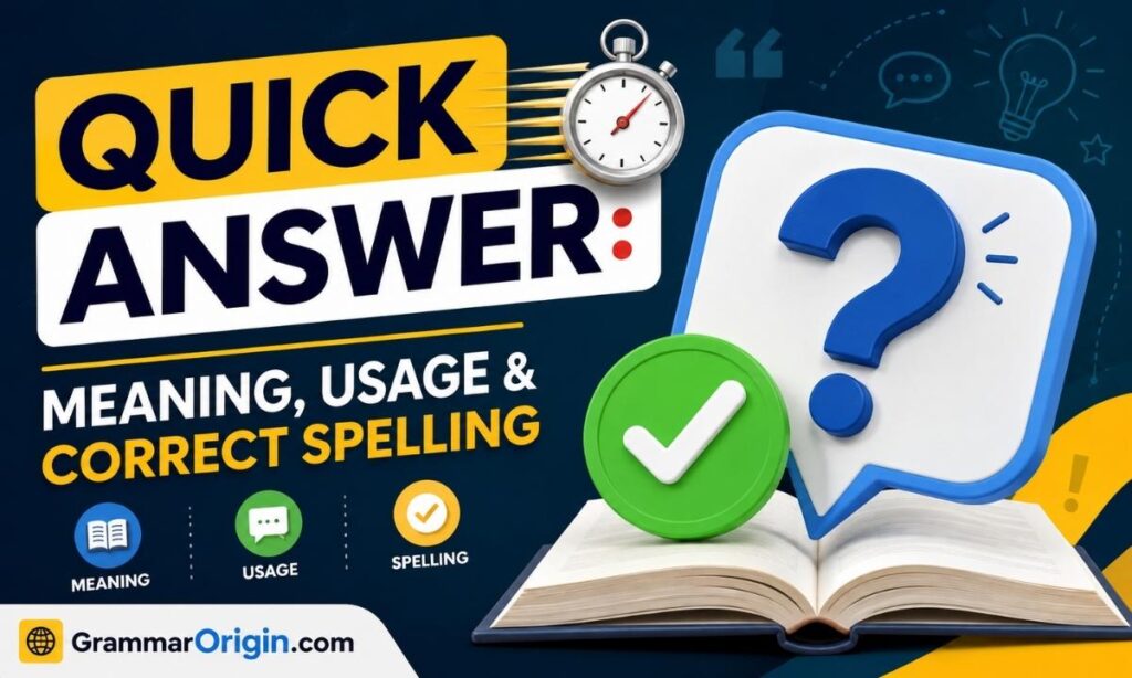 Quick Answer meaning, usage, and correct spelling guide featured image with GrammarOrigin branding for English grammar learners