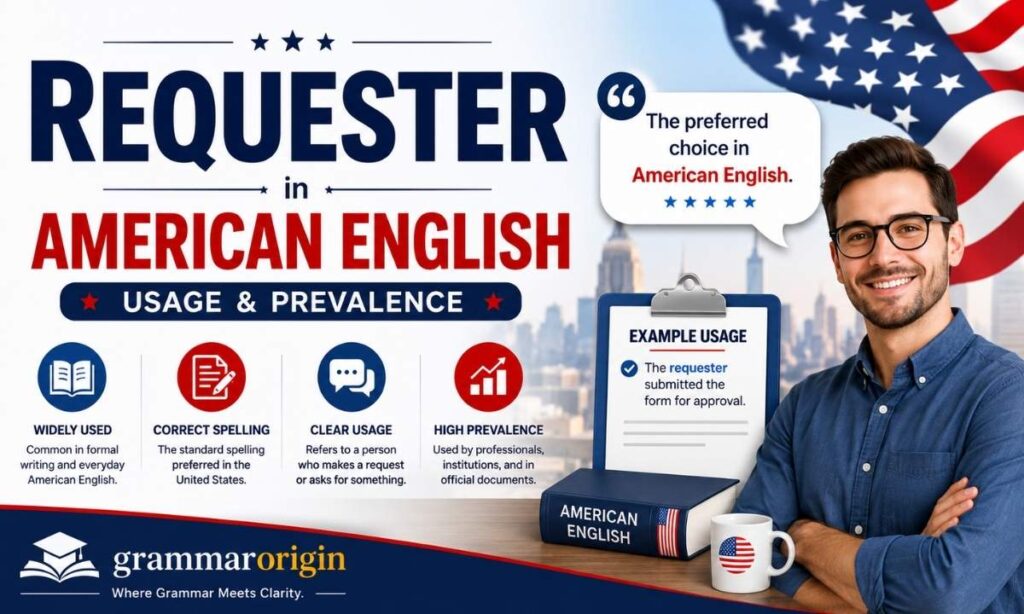 Requester in American English usage and prevalence guide showing the correct spelling, meaning, examples, and GrammarOrigin branding