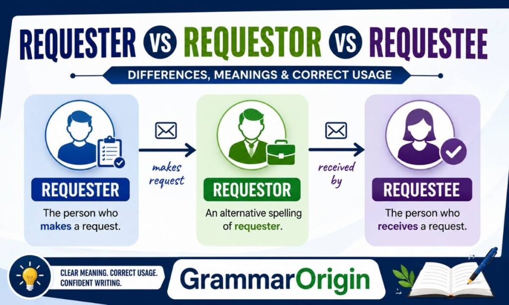 Requester vs Requestor vs Requestee comparison chart showing the meaning, differences, and correct usage with examples – GrammarOrigin
