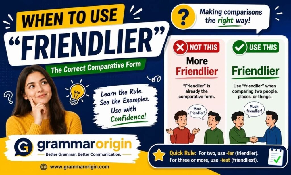 When to use friendlier grammar rule infographic with examples