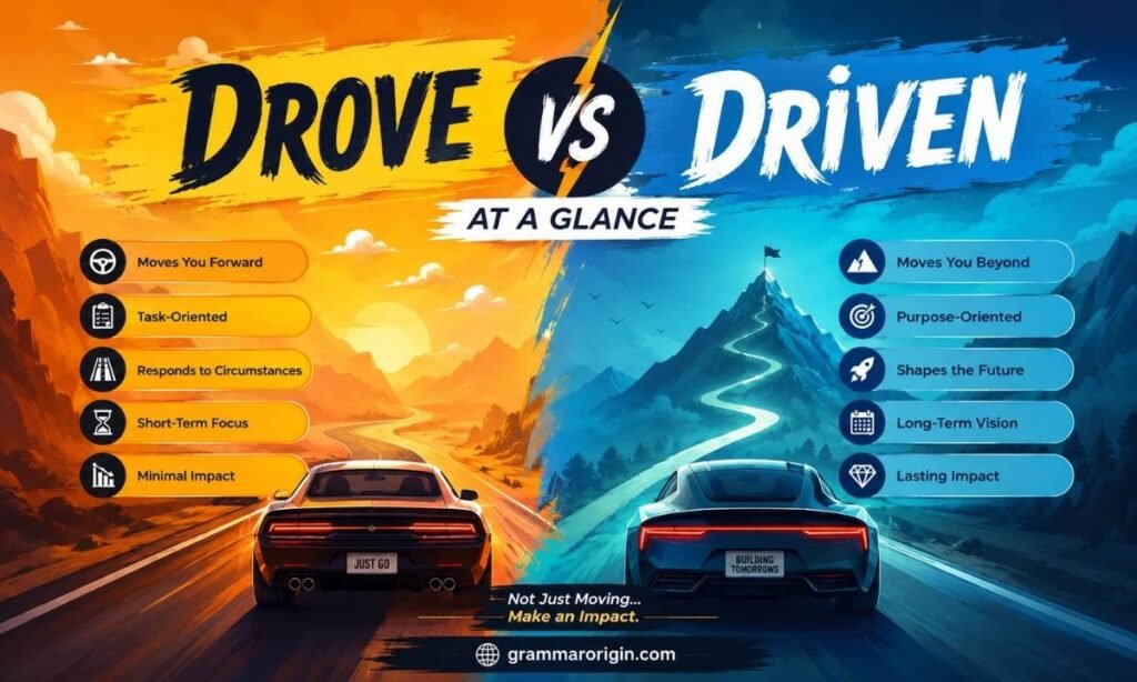 Colorful infographic comparing "drove" vs "driven" with definitions, grammar examples, and usage guide, branded with GrammarOrigin.