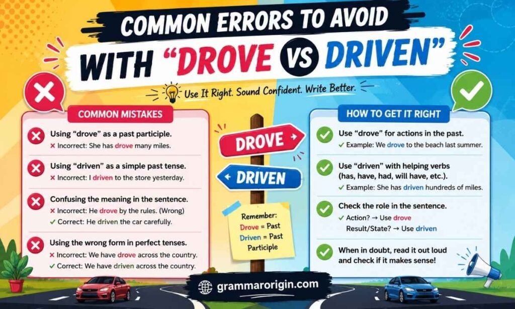 Infographic showing common mistakes and correct usage of "drove" vs. "driven" with grammar examples by GrammarOrigin.