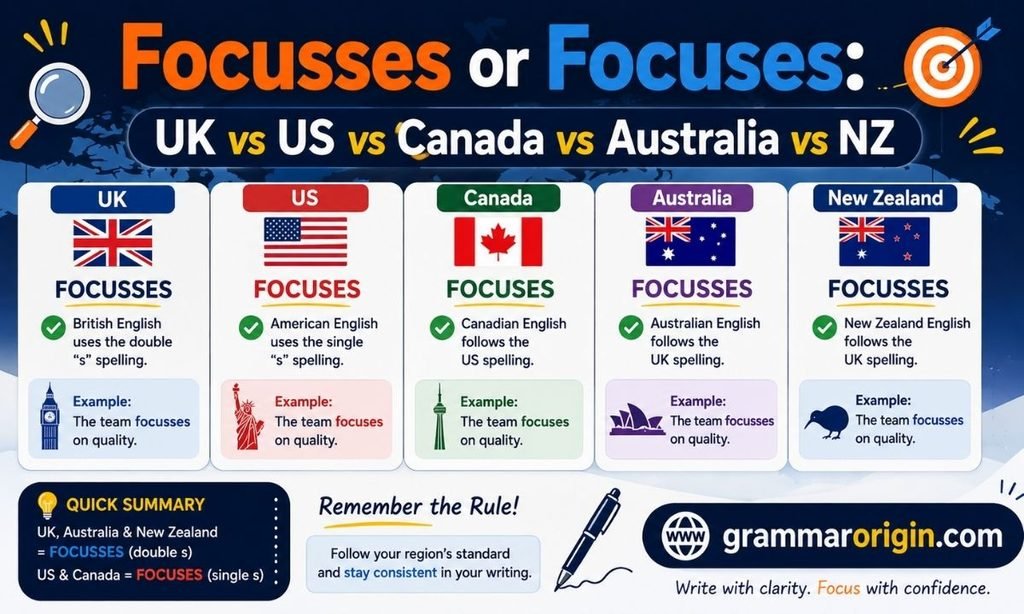 Focusses or Focuses UK vs US vs Canada vs Australia vs NZ