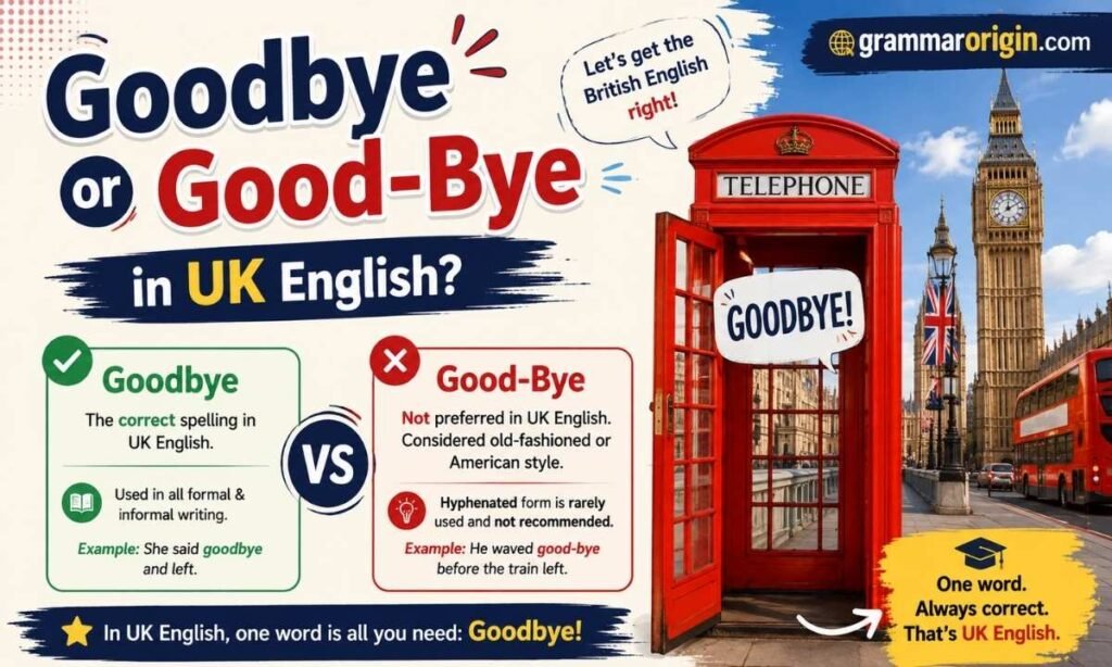 Goodbye vs. Good-Bye in UK English grammar infographic