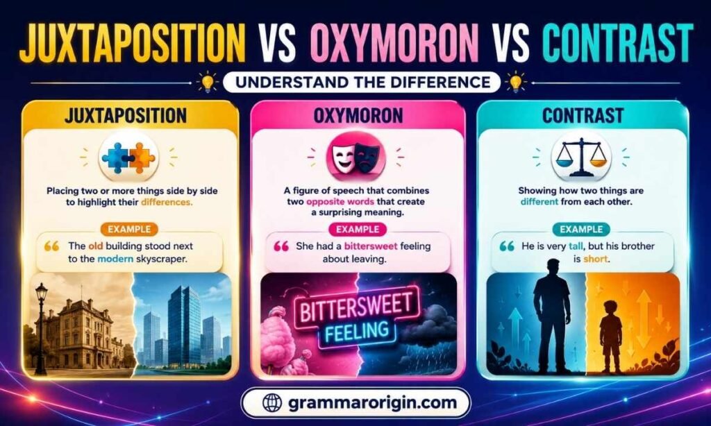 Juxtaposition vs oxymoron vs contrast