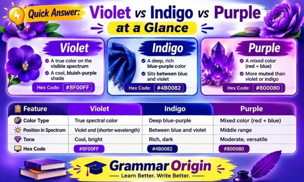 Quick Answer Violet vs Indigo vs Purple at a Glance (Color Differences & Hex Codes)