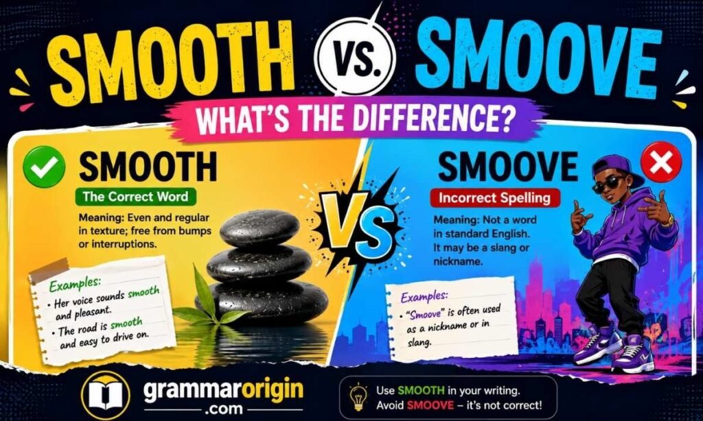 Smooth vs. Smoove infographic explaining the difference between the correct word and slang GrammarOrigin