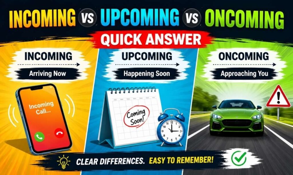 Incoming vs Upcoming vs Oncoming quick answer infographic showing the meaning and differences with examples