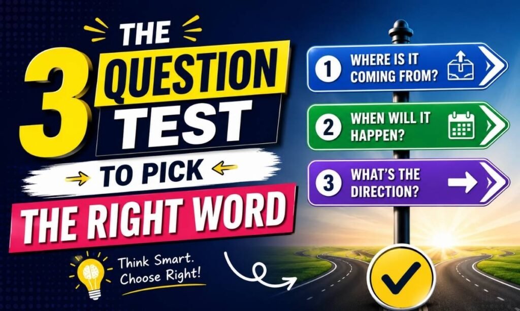 The 3-Question Test to Pick the Right Word infographic with visual guide for choosing the correct English word
